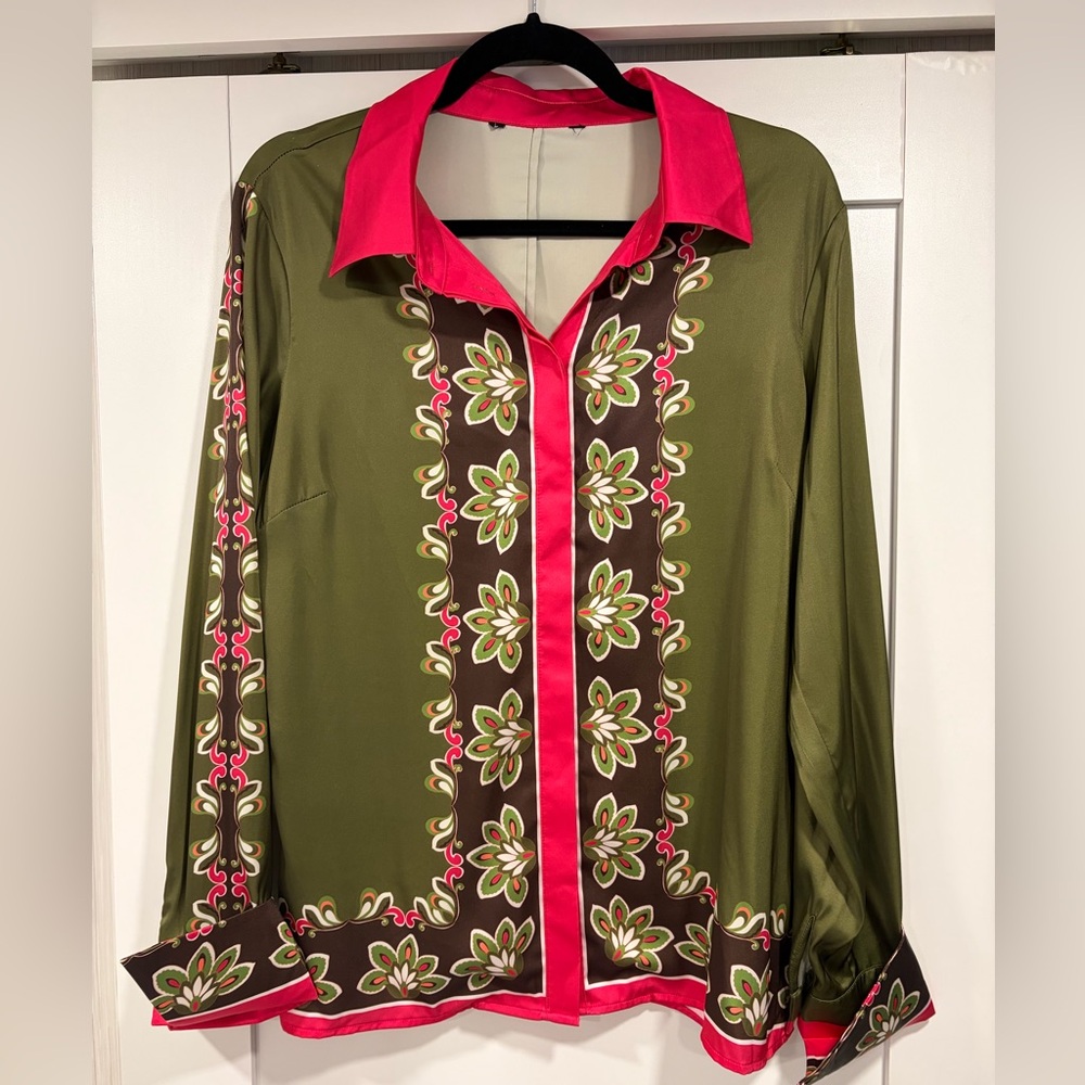 Boston Proper Olive Green Blouse with Hot Pink Trim & Floral Panels